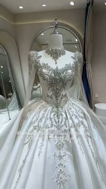 Crystal embroidered wedding gown with long train